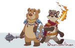  2019 anthro brown_fur duo fire fur guaxraccoon humanoid_hands male mammal melee_weapon procyonid raccoon shield sword ursid weapon 