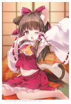  1girl absurdres animal_ear_fluff animal_ears arm_up armpits ascot bare_shoulders barefoot blanket blush border bow brown_hair cat_ears cat_tail crop_top detached_sleeves fang frilled_ascot frilled_bow frills hair_bow hair_tubes hakurei_reimu hand_up highres huge_filesize indoors long_hair long_sleeves looking_at_viewer midriff mimi_(mimi_puru) miniskirt navel one_eye_closed open_mouth petticoat pillow pink_eyes red_bow red_skirt ribbon-trimmed_sleeves ribbon_trim sarashi scan sidelocks sitting skirt skirt_set solo stretch tail tatami touhou translation_request white_border wide_sleeves yellow_neckwear yokozuwari 