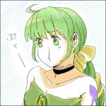  1girl 72yan bare_shoulders breasts butterfly_tattoo choker cleavage closed_mouth commentary_request green_eyes green_hair hair_ribbon long_hair lowres multi-tied_hair ponytail ribbon saga saga_frontier_2 solo tattoo virginia_knights 