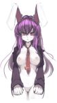  2015 alternate_species anthro bodily_fluids breasts female hair lagomorph leporid long_hair looking_at_viewer mammal naturally_censored navel necktie nipples purple_hair rabbit red_eyes reisen_udongein_inaba simple_background solo sweat toribako touhou video_games white_background 