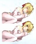  1girl :&lt; ahoge bangs blonde_hair blush breasts buttons closed_eyes eyebrows_visible_through_hair fate/extra fate/extra_ccc fate_(series) green_eyes hair_ribbon highres looking_at_viewer medium_breasts nero_claudius_(fate)_(all) off_shoulder one_eye_closed pajamas parted_lips ribbon scan simple_background smile solo squinting suggestive_fluid wada_aruko 