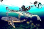  absurd_res ambiguous_gender blue_eyes boneshark_(subnautica) bubble clerian clothed clothing detailed_background diving_suit dragon feral fish group hi_res male marine oxygen_tank peeper_(subnautica) red_eyes sea sharp_teeth stalker_(subnautica) stripes submarine subnautica swimming teeth underwater vehicle video_games water 