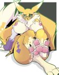  3_toes anthro big_breasts breasts data_(wouhlven) digimon digimon_(species) eyewear feet female foot_focus glasses green_eyes hi_res hindpaw looking_at_viewer lying nipples pawpads paws pussy renamon solo toes weskers 