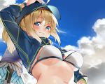  artoria_pendragon_(all) bikini blonde_hair blue_eyes blush breasts close clouds cropped fate/grand_order fate_(series) hat ken_(coffee_michikusa) mysterious_heroine_xx_(foreigner) ponytail sky spear swimsuit weapon wristwear 