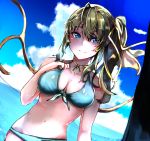  1girl absurdres bare_shoulders bikini blue_bikini blue_eyes blue_sky breasts choker cleavage cloud collarbone commentary_request daiyousei fairy_wings front-tie_bikini front-tie_top green_hair hand_on_own_chest highres looking_at_viewer lunateelf marine_day medium_breasts navel ocean older outdoors ponytail short_hair side_ponytail sky solo swimsuit touhou transparent_wings wings yellow_choker 