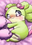  accessory alternate_version_at_source anthro anus bed_sheet bedding blush cocotama eyelashes female fur green_fur green_hair hair headband hirake!_cocotama looking_at_viewer lying main_(cocotama) mammal mostly_nude multicolored_fur pillow purple_eyes pussy solo tan_fur two_tone_fur 九尾 