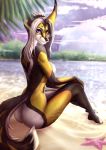  2019 anthro black_nose canid canine day detailed_background digital_media_(artwork) female fox heterochromia hi_res looking_at_viewer mammal nude outside p-v-s sand shore sitting sky smile solo water 