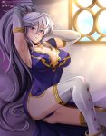  1girl absurdres adjusting_hair anklet armpits artist_name blush breasts choker cleavage collarbone covered_navel day dress earrings elbow_gloves eyebrows_visible_through_hair fire_emblem fire_emblem:_genealogy_of_the_holy_war gloves gold_trim hair_between_eyes hand_in_hair highres indoors ishtar_(fire_emblem) jewelry long_hair looking_at_viewer medium_breasts panties panty_peek parted_lips patreon_username ponytail purple_dress purple_eyes purple_panties side_slit signature silver_hair sitting smile solo sunlight thighhighs thighs underwear vilde_loh_hocen watermark web_address white_gloves white_legwear window 
