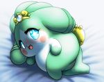  anthro bed_sheet bedding blue_eyes blush cocotama crown eyelashes female fur green_fur green_hair hair hirake!_cocotama looking_at_viewer lying mammal mostly_nude multicolored_fur open_mouth presenting presenting_pussy pussy solo tia_(cocotama) two_tone_fur white_fur 九尾 