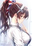  1girl alternate_costume alternate_hairstyle ashigara_(kantai_collection) bangs blurry blurry_background blush breasts brown_eyes brown_hair closed_mouth collared_shirt commentary_request day finger_to_mouth from_side hair_between_eyes hair_ornament hair_ribbon hairband highres indoors ishihara_masumi kantai_collection large_breasts long_hair looking_at_viewer parted_lips ponytail remodel_(kantai_collection) ribbon shirt sidelocks solo twitter_username wavy_hair white_hairband white_shirt 