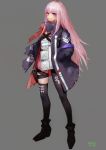 1girl absurdres alternate_hairstyle blush closed_mouth coat eonsang girls_frontline highlights highres holster long_hair magazine_(weapon) mod3_(girls_frontline) multicolored multicolored_hair open_clothes open_coat pink_hair purple_eyes scarf signature simple_background smile solo st_ar-15_(girls_frontline) strap thigh_holster thigh_strap thighhighs 