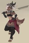  2019 3_toes 4_fingers anthro bra breasts brown_fur brown_tail claws clothed clothing digital_media_(artwork) dragon female fingers fur hair hi_res horn leggings legwear looking_at_viewer melee_weapon multicolored_fur navel pose red_eyes retros simple_background solo standing sword toes two_tone_fur underwear weapon white_hair 