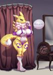  2019 absurd_res anthro big_breasts black_sclera blue_eyes breasts canid canine clothed clothing dialogue digimon digimon_(species) drawfruit english_text female fur hi_res huge_breasts mammal neck_tuft nipple_outline renamon solo speech_bubble text tuft yellow_fur 
