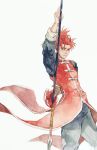  1boy chinese_clothes fate/grand_order fate_(series) highres li_shuwen_(fate) li_shuwen_(fate/grand_order) long_hair male_focus polearm ponytail red_hair solo spear totocosakana traditional_media watercolor_(medium) weapon 