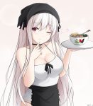  1girl apron bandana bare_arms bare_shoulders black_ribbon bowl breasts camisole choker chopsticks cleavage closed_mouth collarbone commentary finger_to_mouth food girls_frontline hands_up heart highres holding holding_tray kar98k_(girls_frontline) keenh large_breasts long_hair looking_at_viewer no_pants noodles one_eye_closed panties red_eyes ribbon shirt sleeveless sleeveless_shirt smile solo spaghetti_strap tray underwear upper_body very_long_hair waist_apron white_hair white_panties white_shirt 
