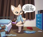  2019 aggressive_retsuko anthro bed bedroom black_nose bottomless canid canine clothed clothing dildo female fennec fenneko fox fur legwear mammal masturbation open_mouth panties panty_pull sanrio sex_toy shirt solo standing starshippizza topwear toy underwear undressing vibrator white_fur 