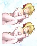  1girl ahoge blonde_hair breasts buttons closed_eyes eyebrows_visible_through_hair fate/extra fate/extra_ccc fate_(series) green_eyes hair_ribbon highres medium_breasts nero_claudius_(fate)_(all) off_shoulder one_eye_closed open_mouth pajamas ribbon scan simple_background solo suggestive_fluid wada_aruko yawning 