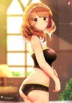  1girl alternate_costume artist_logo artist_name ass bare_shoulders black_bikini_bottom blush breasts celica_(fire_emblem) chinchongcha cowboy_shot day eyebrows_visible_through_hair fire_emblem fire_emblem_echoes:_shadows_of_valentia fire_emblem_heroes hairband highres indoors lamp looking_at_viewer medium_breasts midriff orange_eyes orange_hair plant short_hair solo sports_bra standing sunlight wet windows 