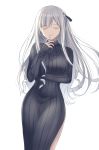  1girl ak-12_(girls_frontline) amethyst_(gemstone) arm_under_breasts bangs breasts closed_eyes closed_mouth dress eyebrows_visible_through_hair facing_viewer girls_frontline grey_dress hand_up highres jewelry lemode long_hair medium_breasts necklace ribbed_dress side_slit sidelocks silver_hair simple_background sleeves_past_wrists smile solo turtleneck very_long_hair white_background 