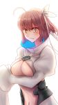  1girl absurdres ahoge black_scarf blush bow breasts cosplay eyebrows_visible_through_hair fate/extra fate/extra_ccc fate/grand_order fate_(series) hair_bow hair_ribbon highres koha-ace long_sleeves looking_at_viewer medium_breasts meltryllis meltryllis_(cosplay) navel okita_souji okita_souji_(fate) okita_souji_(fate)_(all) pink_hair revealing_clothes ribbon scarf sleeves_past_wrists solo somebody_(leiking00) underboob upper_body yellow_eyes 