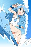  1girl anbe_masahiro blue_eyes blue_hair commentary day from_below hat highres ikamusume long_hair looking_at_viewer marine_day one-piece_swimsuit open_mouth outdoors shinryaku!_ikamusume solo squid_hat surfing swimsuit tentacle_hair tidal_wave white_headwear white_swimsuit 