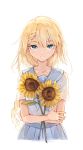  1girl bangs blonde_hair blue_eyes blush braid commentary_request dress eyebrows_visible_through_hair flower g36_(girls_frontline) girls_frontline hair_between_eyes highres holding holding_flower long_hair looking_at_viewer pleated_skirt sailor_collar shirt short_sleeves shuzi sidelocks skirt smile solo sunflower very_long_hair 