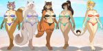  anthro beach big_breasts bikini breasts canid canine cleavage clothed clothing felid female group hi_res lion mammal pantherine seaside swimwear vkyrie 