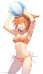  1girl armpits arms_up ball bangs bare_arms bare_legs bare_shoulders beachball bikini breasts collarbone eyebrows_visible_through_hair hair_between_eyes kazuki_yone looking_at_viewer medium_breasts medium_hair midriff navel open_mouth orange_hair stomach striped striped_bikini swimsuit thighs white_background 