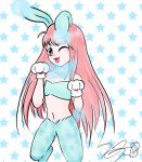  2019 anthro blue_fur blush breasts bubble cannibalwalrus carrot clothed clothing digital_media_(artwork) female food fur gloves hair handwear hi_res lagomorph leporid looking_at_viewer mammal multicolored_fur one_eye_closed open_mouth paws plant rabbit simple_background smile solo tongue topwear two_tone_fur usawa_fuwakaru vegetable white_fur wink 