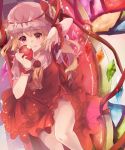  1girl adapted_costume apple ascot bangs blonde_hair blush brooch checkered checkered_floor couch cowboy_shot diamond_(gemstone) dress fang fang_out flandre_scarlet food from_above fruit hat hat_ribbon haya_taro_pochi highres holding holding_food holding_fruit jewelry knee_up lace-trimmed_hat lace-trimmed_neckwear light_particles looking_at_viewer mob_cap on_couch purple_eyes red_dress red_eyes red_ribbon red_theme reflective_eyes ribbon short_hair short_sleeves side_ponytail sidelocks sitting slit_pupils smile solo stained_glass thighs touhou white_headwear wings wrist_cuffs 