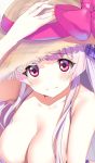  1girl azur_lane blush breasts cleavage cygnet_(azur_lane) cygnet_(sea_star_on_shore)_(azur_lane) hat large_breasts lavender_hair long_hair purple_eyes schreibe_shura smile solo straw_hat upper_body 