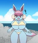  2019 anthro big_breasts bikini breast_squish breasts cece_(hsp) clothing digital_media_(artwork) eeveelution female fur glaceon hair hi_res hsp huge_breasts looking_at_viewer mammal nintendo open_mouth pink_eyes pink_hair pok&eacute;mon pok&eacute;mon_(species) solo squish swimwear video_games 