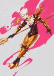  1boy absurdres armor bodysuit cape fate/apocrypha fate_(series) fur_cape highres jewelry karna_(fate) pale_skin polearm single_earring solo spear totocosakana weapon white_hair 