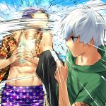  1boy 2boys black_shorts bottle bottle_cap_challenge collarbone commentary_request green_hoodie high_kick holding holding_bottle hood hoodie kaneki_ken kicking male_focus marine_day multiple_boys open_clothes purple_hair purple_shorts red_shirt shiromi_(ringo) shirt short_hair shorts sportswear tokyo_ghoul tsukiyama_shuu white_hair 