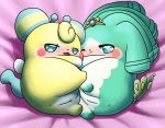  anthro anus bed_sheet bedding blue_eyes blue_fur blush clitoris cocotama crown duo eyelashes female fur green_fur green_hair hair hirake!_cocotama looking_at_viewer lying mammal mostly_nude multicolored_fur nude ojou_(cocotama) one_eye_closed open_mouth pussy tia_(cocotama) two_tone_fur white_fur yellow_fur 九尾 