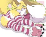  anthro breasts camel_toe clothing data_(wouhlven) digimon digimon_(species) eyewear female glasses hi_res hindpaw legwear lying nipples on_side panties paws renamon solo thigh_highs underwear weskers 