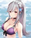  1girl as4gi azur_lane bangs bare_shoulders bikini blush breasts butterfly_hair_ornament choker cleavage collarbone day dunkerque_(azur_lane) dunkerque_(summer_sucre)_(azur_lane) eyebrows_visible_through_hair flower grey_hair hair_ornament hairband highres large_breasts long_hair looking_at_viewer outdoors parted_lips partially_submerged pink_eyes ponytail purple_bikini sidelocks solo swimsuit upper_body wet 