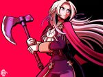  1girl axe blonde_hair blue_eyes cape cravat edelgard_von_hresvelgr_(fire_emblem) fire_emblem fire_emblem:_three_houses gloves hair_ornament hair_ribbon highres long_hair pantyhose red_cape ribbon scruffyturtles simple_background solo uniform weapon 