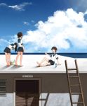  3girls annin_musou barefoot basin black_eyes black_hair blue_sailor_collar blue_skirt blue_sky bottle cloud commentary_request day fubuki_(kantai_collection) hatsuyuki_(kantai_collection) highres house kantai_collection long_hair low_ponytail miyuki_(kantai_collection) multiple_girls outdoors paper_airplane pleated_skirt ponytail ramune rooftop sailor_collar scenery school_uniform serafuku short_hair short_ponytail sidelocks sitting skirt sky standing wavy_hair 