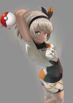  1girl abs bodysuit covered_navel dark_skin fujitsubo_(hujitubo0731) gloves grey_eyes grey_hair hairband highres poke_ball pokemon pokemon_(game) pokemon_swsh ribbon saitou_(pokemon) shirt short_hair short_sleeves shorts solo white_shirt wristband 