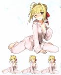  1girl ahoge bangs barefoot blonde_hair blush breasts cleavage closed_eyes expressions fate/extra fate/extra_ccc fate_(series) fever green_eyes hair_ribbon highres leaning_forward looking_at_viewer medium_breasts nero_claudius_(fate)_(all) one_eye_closed open_mouth pajamas ribbon shouting sick simple_background sitting smile solo sweat thermometer wada_aruko wariza 