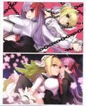  4girls ahoge bangs bb_(fate)_(all) bb_(fate/extra_ccc) belt black_legwear black_skirt blonde_hair bodysuit breasts bridal_veil chain cleavage eyebrows_visible_through_hair fate/extra fate/extra_ccc fate_(series) flower gloves green_eyes hair_ribbon highres holding_hands large_breasts long_hair long_sleeves looking_at_viewer medium_breasts multiple_girls nero_claudius_(bride)_(fate) nero_claudius_(fate)_(all) open_mouth purple_eyes purple_hair red_ribbon ribbon scan skirt smile solo thighhighs veil very_long_hair wada_aruko white_gloves zipper 