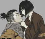  2boys arizuka_(catacombe) bangs black_hair brown_kimono commentary_request eyebrows_visible_through_hair grey_background grey_scarf highres japanese_clothes kimono kuro_the_divine_heir long_sleeves looking_at_another male_focus multiple_boys otoko_no_ko ponytail scarf sekiro sekiro:_shadows_die_twice short_hair simple_background wide_sleeves 