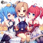  3girls :d :p absurdres ahoge azur_lane bangs bare_shoulders black_gloves blonde_hair blue_eyes blue_hair blue_jacket blush bow cape capelet cleveland_(azur_lane) clothes_tug detached_sleeves dress elbow_gloves eyebrows_visible_through_hair fingerless_gloves gloves hair_between_eyes hair_bow hair_ornament helena_(azur_lane) highres jacket logo long_hair looking_at_viewer manjuu_(azur_lane) miniskirt multiple_girls necktie official_art one_side_up open_mouth parted_bangs pleated_skirt purple_eyes red_eyes red_hair san_diego_(azur_lane) satchely shirt short_hair sitting skirt smile thighhighs tongue tongue_out twintails watermark younger 