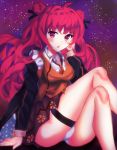  1girl absurdres ahoge arm_support ass black_ribbon crossed_legs double_bun girls_frontline hand_on_own_cheek highres kuesu legs looking_at_viewer night open_mouth panties pantyshot pantyshot_(sitting) red_eyes red_hair red_neckwear ribbon sitting sky solo star_(sky) starry_sky sweater_vest tailcoat thigh_strap thighs twintails underwear wavy_hair wz.29_(girls_frontline) 