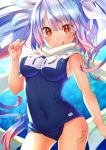  1girl :p blue_hair breasts dated gradient_hair hair_ribbon i-19_(kantai_collection) kantai_collection large_breasts long_hair looking_at_viewer multicolored_hair name_tag purple_hair red_eyes ribbon scarf school_swimsuit signature solo star star-shaped_pupils swimsuit symbol-shaped_pupils tongue tongue_out tri_tails white_ribbon white_scarf yumi_yumi 