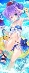  1girl :d anchor arm_up azur_lane bandeau bangs bare_arms bare_legs bare_shoulders beach_umbrella bead_anklet bikini blue_bikini blue_bow blue_footwear blue_sky blush bow bracelet breasts chain cloud cloudy_sky collarbone commentary_request cross_hair_ornament day eyebrows_visible_through_hair feet_out_of_frame flower hair_flower hair_ornament halterneck hibiscus high_ponytail horizon innertube javelin_(azur_lane) jewelry looking_at_viewer marine_day navel ocean open_mouth outdoors ponytail purple_hair red_flower sandals shirokitsune sky small_breasts smile solo splashing stomach swimsuit thighs umbrella water 