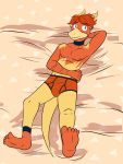  anthro anthrofied briefs clothed clothing fuze hi_res lying magmar male nintendo nipples on_back pok&eacute;mon pok&eacute;mon_(species) solo topless underwear video_games 