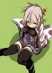  1girl black_legwear blush_stickers boots breasts covered_nipples fang fang_out fu-ta green_eyes grey_hair hair_between_eyes hakama japanese_clothes long_hair looking_at_viewer oshiro_project_re ponytail sitting smile solo thighhighs 