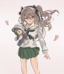  1girl alternate_costume arutoria_(187497382) bad_id bad_twitter_id bandages black_neckerchief black_ribbon blouse boko_(girls_und_panzer) brown_eyes collarbone commentary girls_und_panzer green_skirt hair_ribbon heart highres holding holding_stuffed_toy light_brown_hair light_frown long_hair long_sleeves looking_at_viewer miniskirt neckerchief one_side_up ooarai_school_uniform open_mouth pleated_skirt ribbon school_uniform serafuku shimada_arisu shirt simple_background skirt solo stuffed_animal stuffed_toy teddy_bear thighs v-shaped_eyebrows white_background white_shirt wind 